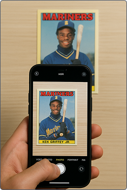 Taking a picture of a sports cards.